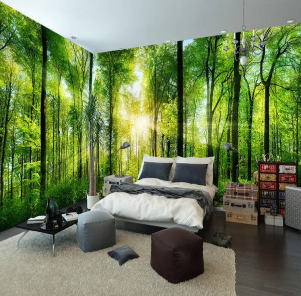 Dinding kamar dengan mural pemandangan alam